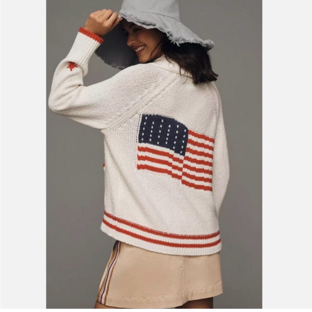 Anthropologie Maeve American Flag USA Chunky Knit Cardigan Sweater XL NEW - Picture 3 of 5